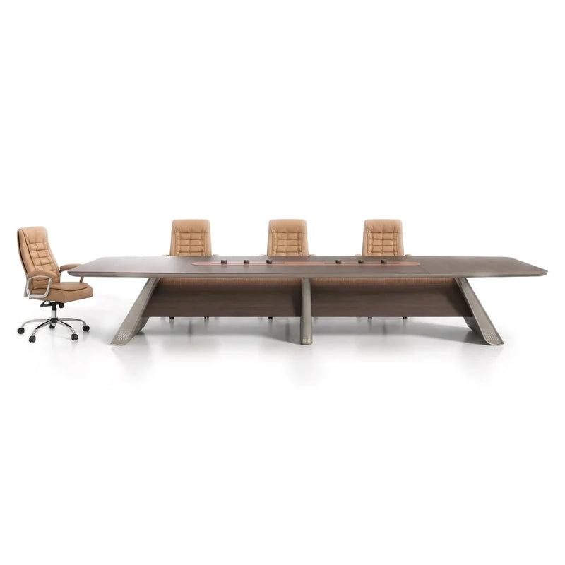 Parly luxury conference table in oak with a cognac leather-look center panel on sculpted blade legs, 12′ or 15′9″ (144 or 189-inch) length