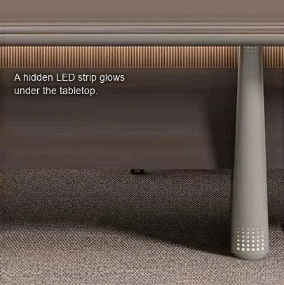 Underside detail of the Parly perforated blade leg with an LED strip beneath the oak top