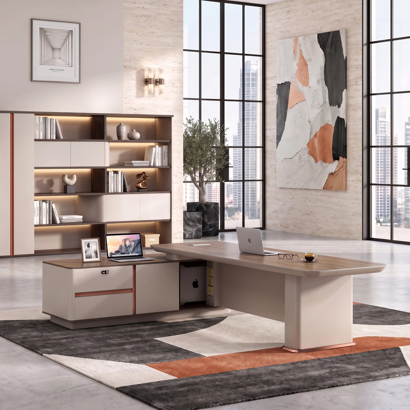Dion executive desk with copper-lined pedestals under a ring chandelier