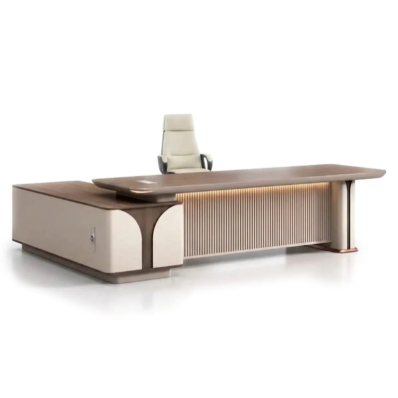 Dion L-shaped executive desk in walnut and cream with fluted lit front