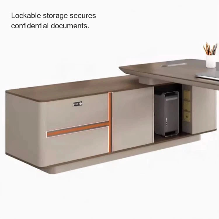 Dion return cabinet with orange trim and computer bay