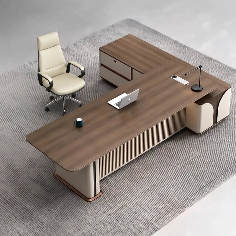 Dion desk, left return, viewed from above on a woven rug