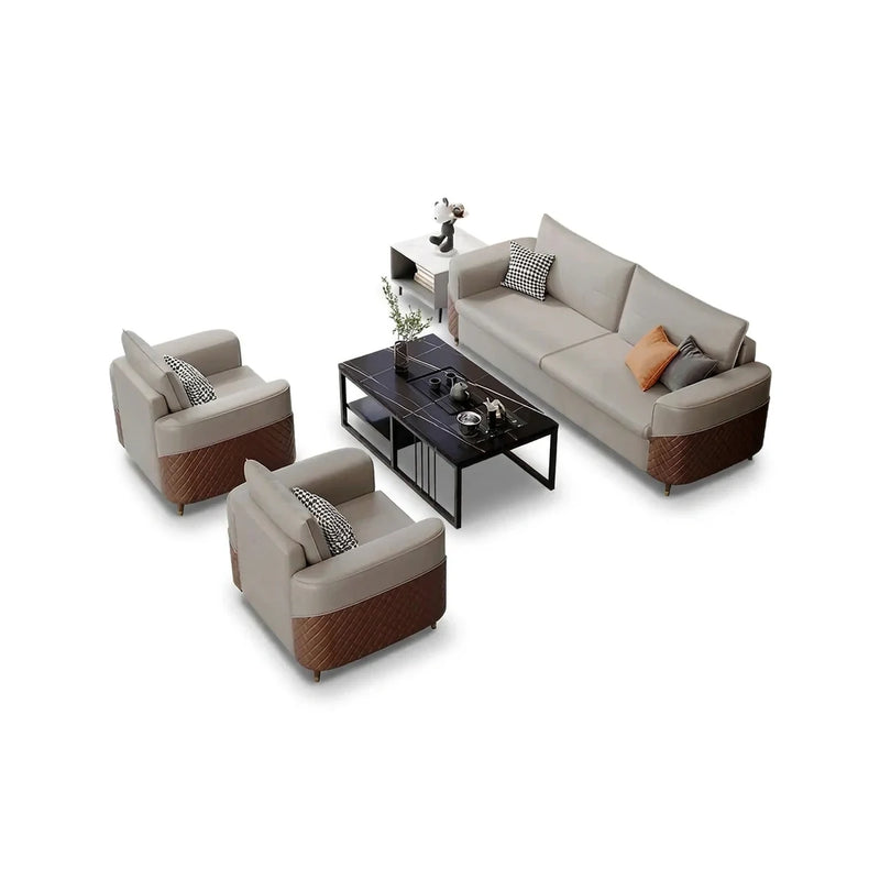 Fryken modern office lounge conversation set in beige leather with quilted orange-brown bases: 3-seater sofa and two arm chairs