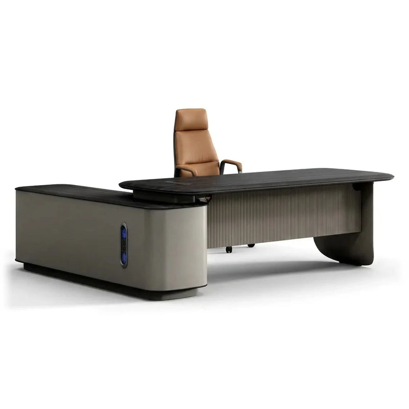Verum desk in dark woodgrain with fluted greige pedestal