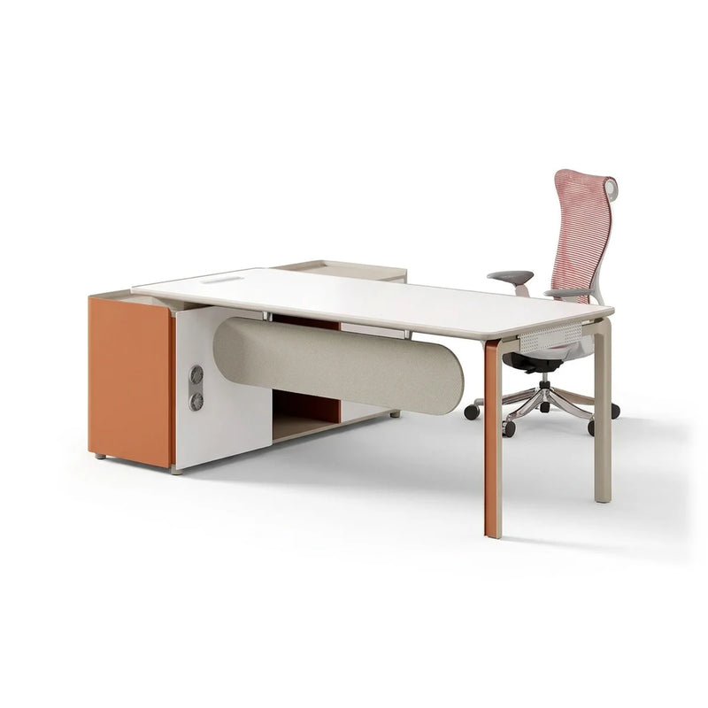 Easton L-shaped desk in birch beige with oval fabric modesty panel