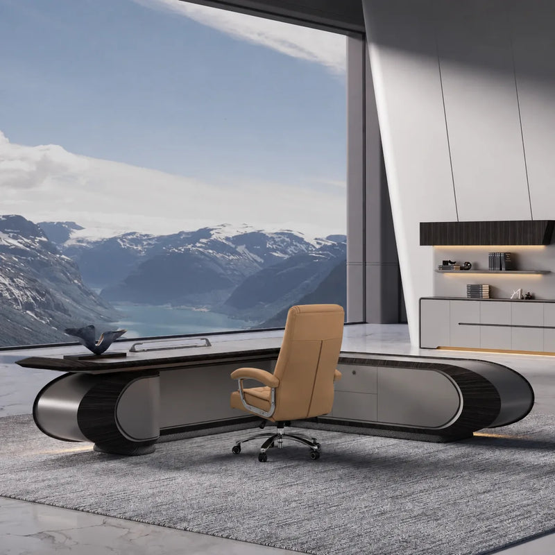 Echelon desk commanding a panoramic mountain office with leather chair