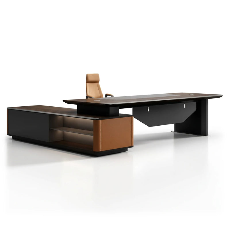 Kitley executive desk in dark woodgrain with cognac leather return
