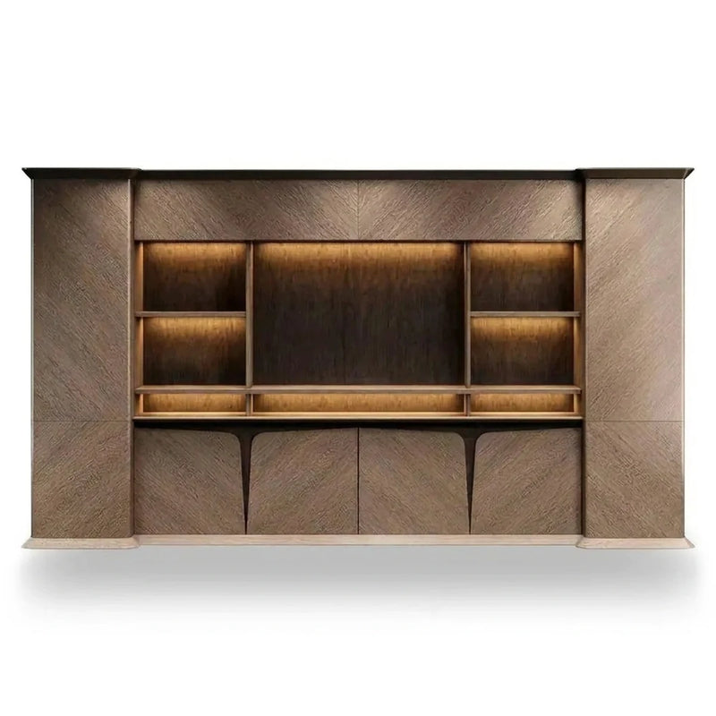 Brandy luxury office wall unit in gray chevron veneer, 12′ (144-inch) or 13′9″ (165-inch) wide, lit center shelves over cabinets
