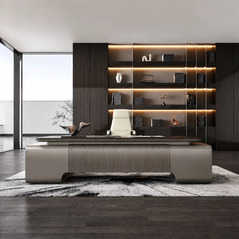 Elevon desk in an architect's dark-paneled studio office