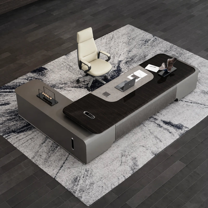 Elevon L-shaped desk from above with cream chair on marble-pattern rug