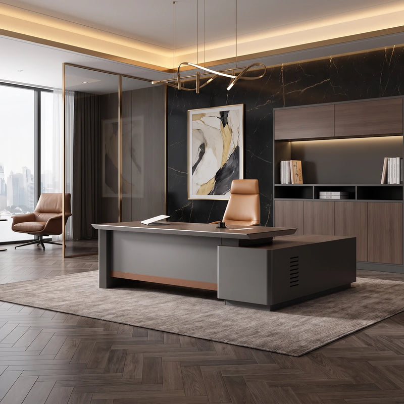 Elgin executive desk in a dark marble executive office beside its matching shelving