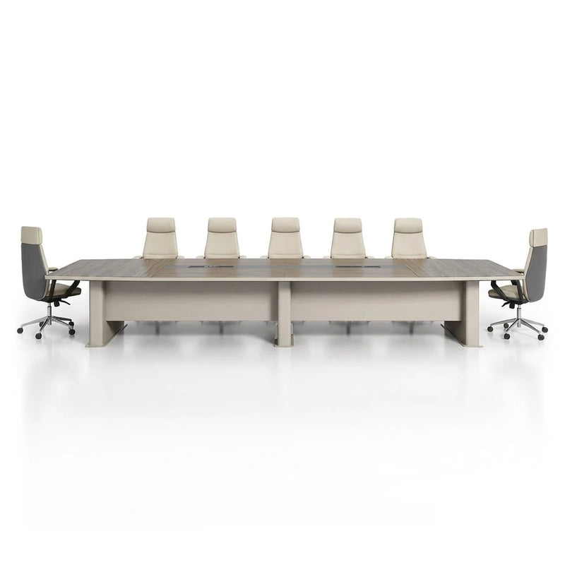 Alwyn modern walnut conference table with a white-trimmed boat-shaped top on taupe panel legs, 8′ to 15′9″ (96 to 189-inch) lengths