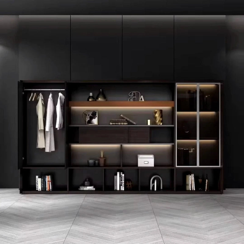 Fulton 12′6″ (150-inch) office shelves in a dark room, suit closet open with hanging shirts, lit tiers and a glass cabinet