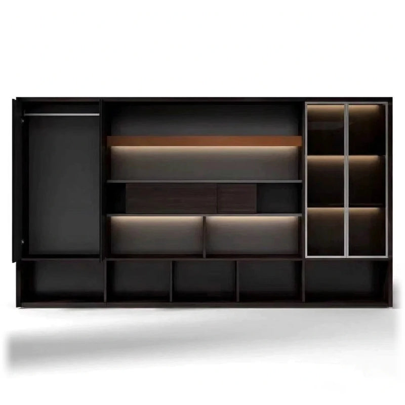 Fulton 12′6″ (150-inch) office wall unit in dark smoked woodgrain, glass-door cabinets flanking lit center shelves, front view