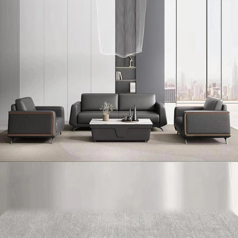Lund black lounge set with a stone-top coffee table in a bright office with a city skyline window