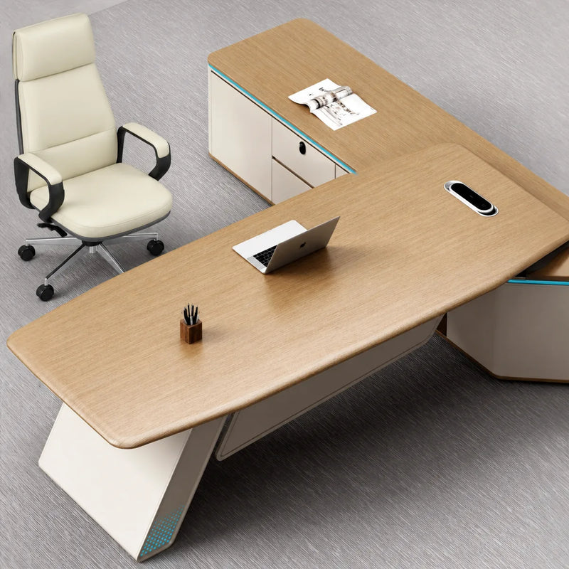 Ellis desk with tilted display view of the oak top and grommet
