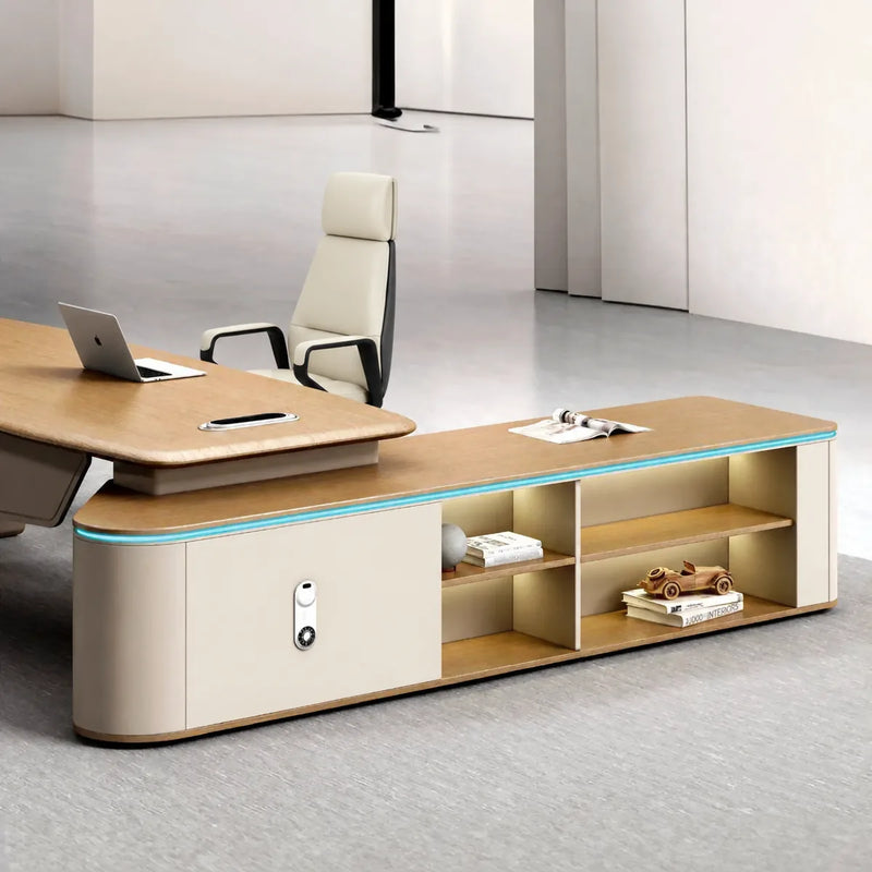 Ellis return credenza with sliding door, shelves, and toy car