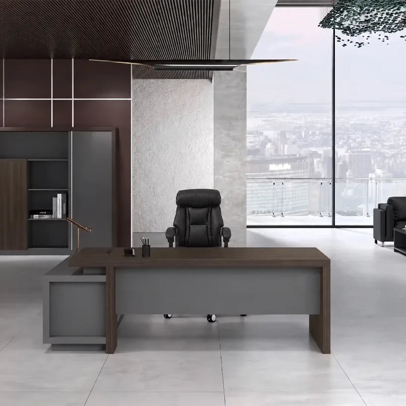 Elmore desk facing forward with black leather chair