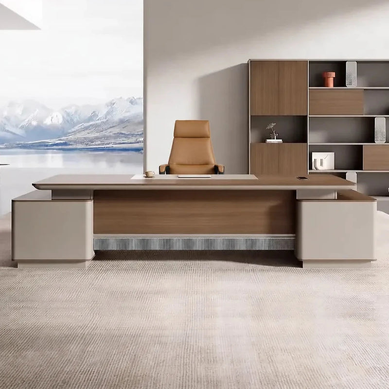 Elston grand desk in a lake-view office with tall shelf wall