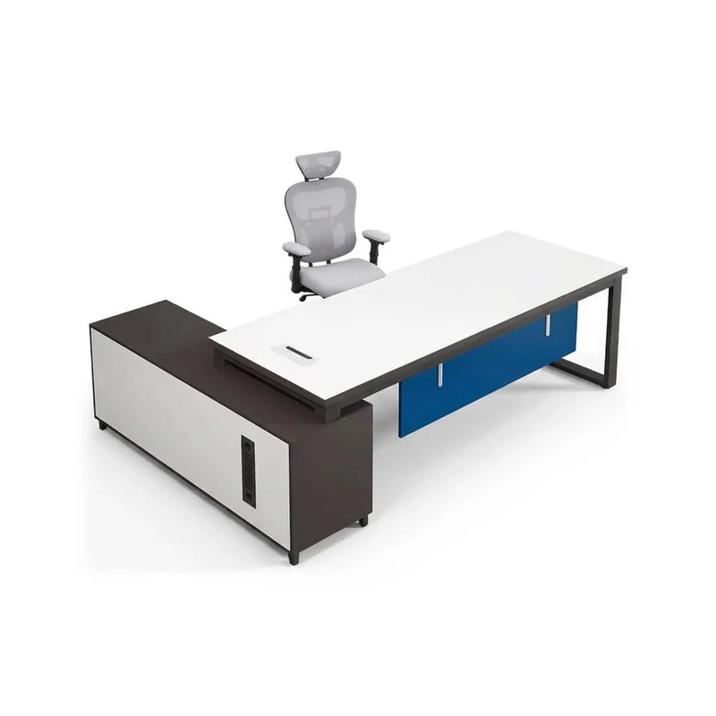 Astrea L-shaped desk in white with black frame legs and blue modesty panel