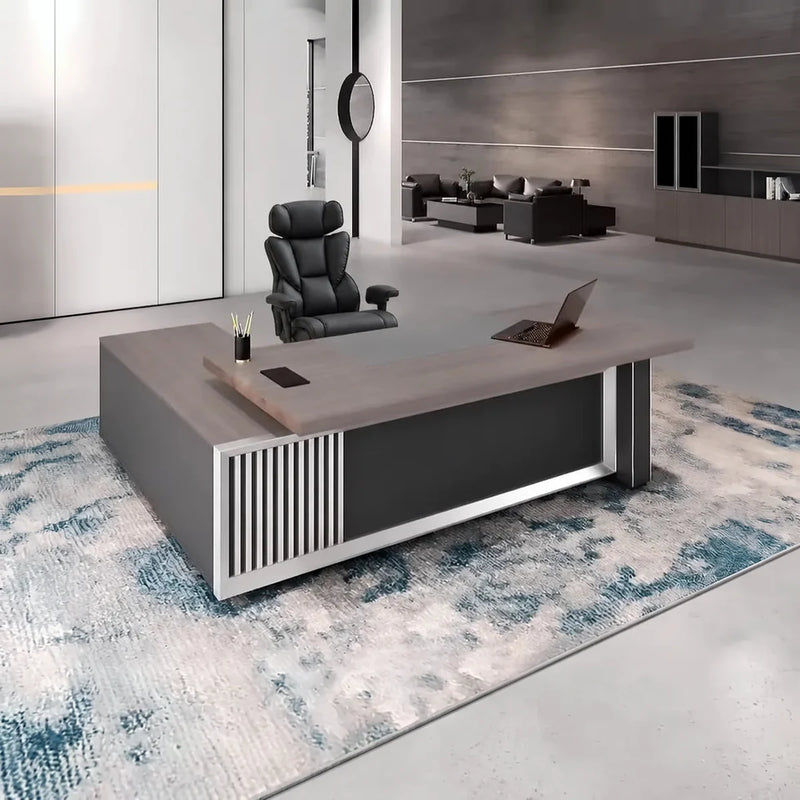 Engel CEO desk, right return, on a blue-patterned rug