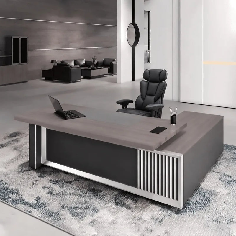 Engel desk, left return, charcoal panels with steel slats