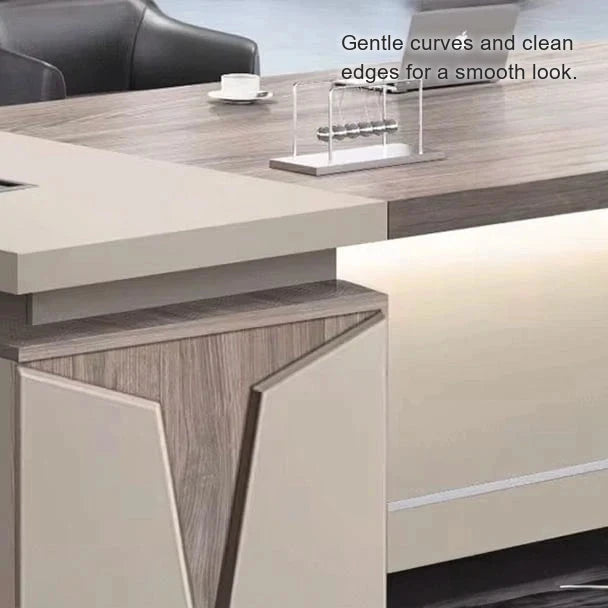 Reytan V-notch pedestal detail in oak and beige