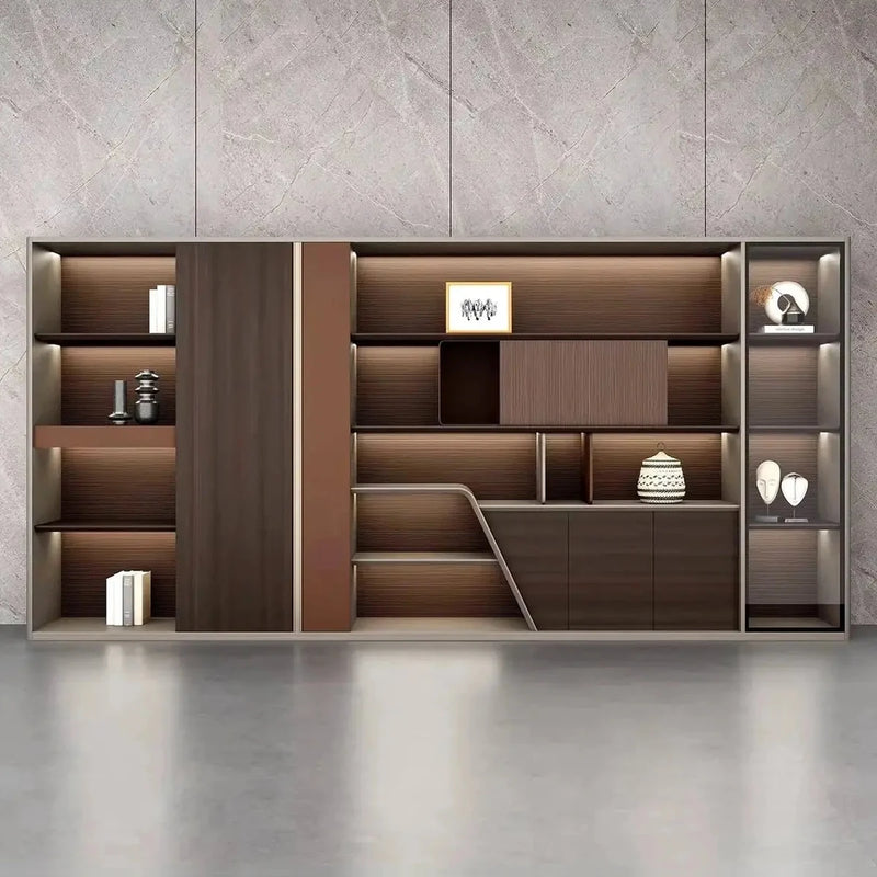Winthrop 13′ (156-inch) office shelves against a marble wall, integrated lighting on the tiers, glass cabinet at the right