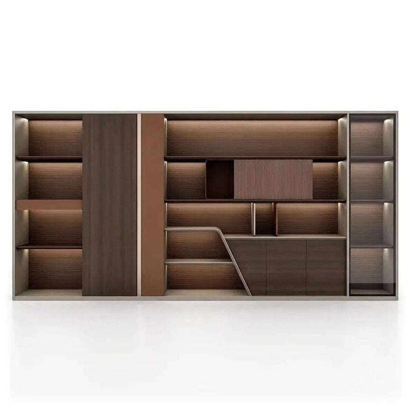 Winthrop 13′ (156-inch) office wall unit in brown oak and beige, wardrobe, lit open shelves, drawers and a glass-door cabinet