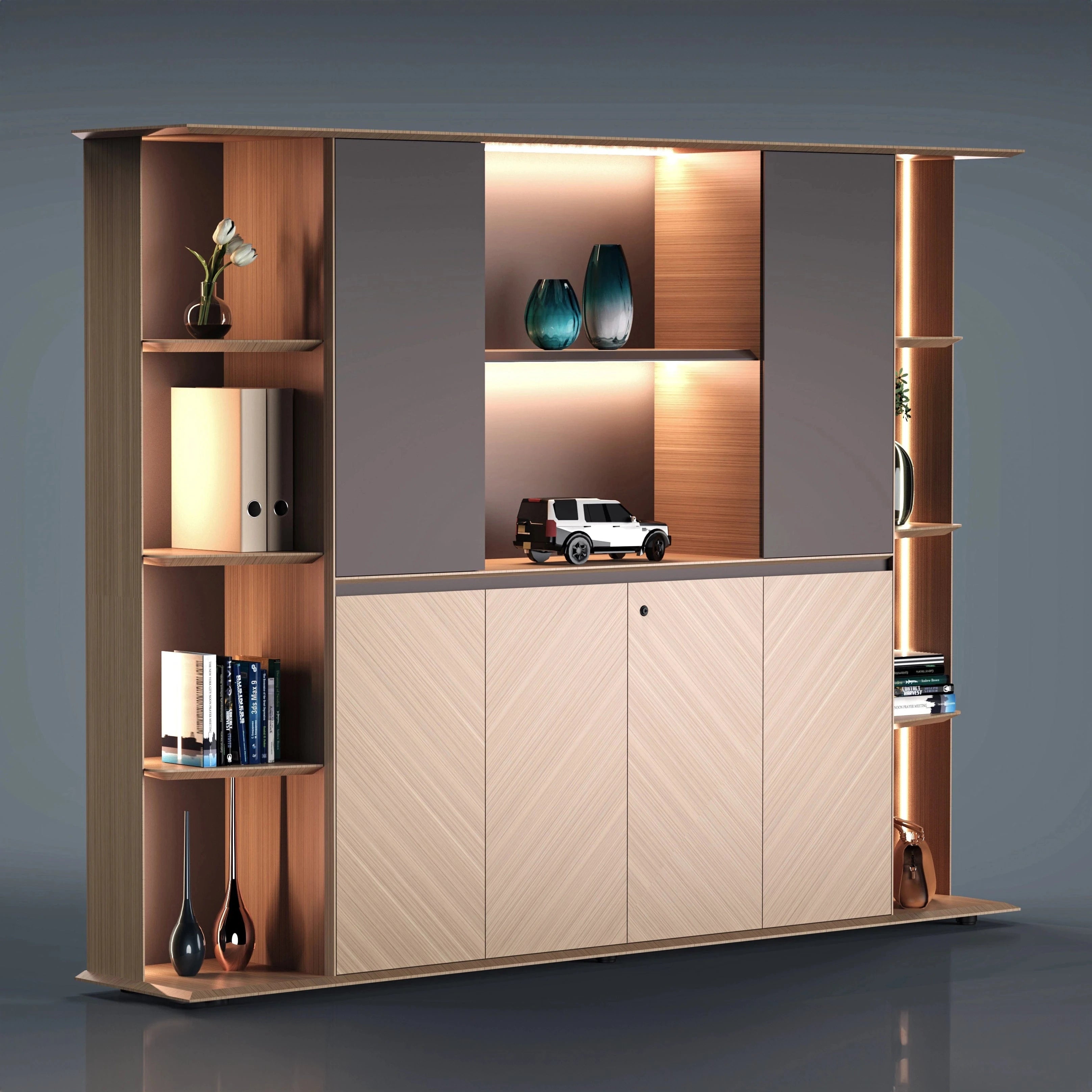 Ernesto · Office Shelves w/ Lighting & Cabinets