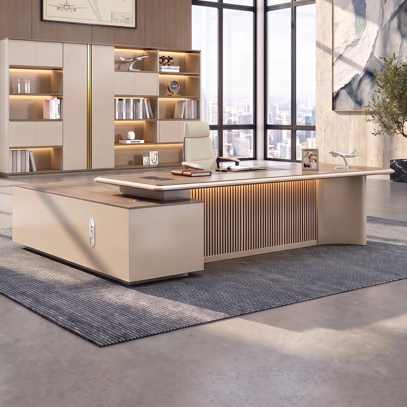 Essex desk in a soft gold office with backlit shelf wall