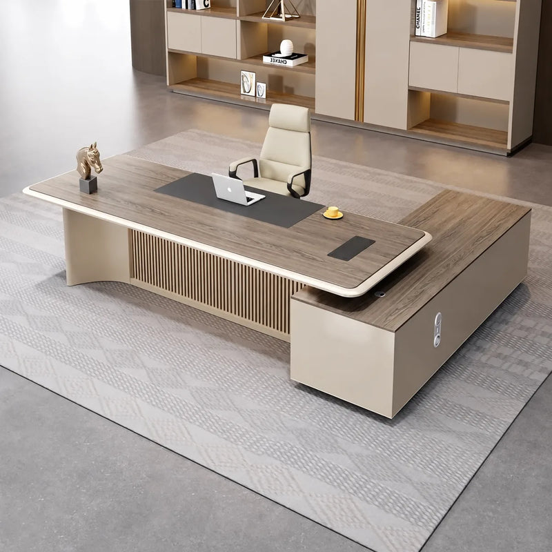 Essex desk from above, left return, walnut top with black pad