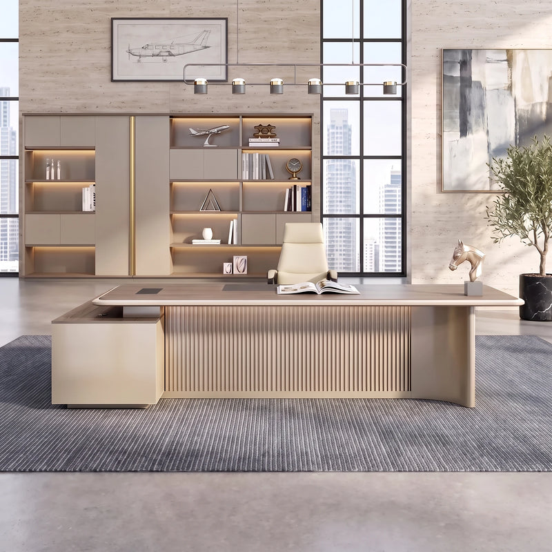 Essex desk in a feminine executive office under a linear chandelier