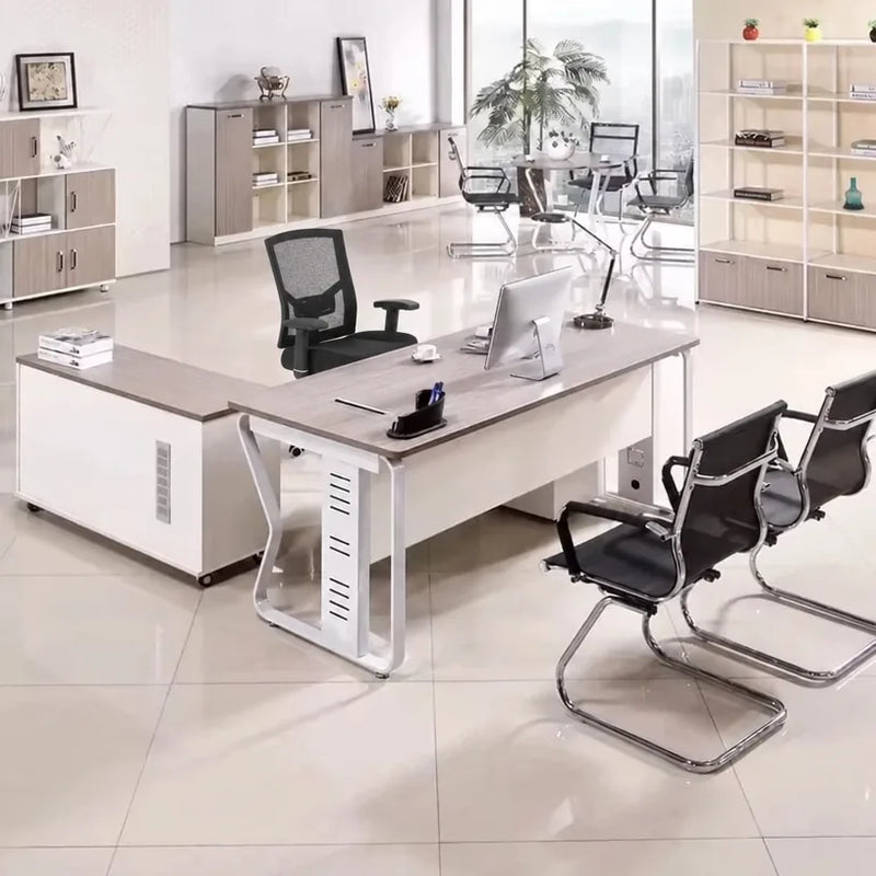 Eszti desk in light gray oak with guest chairs in an open workspace