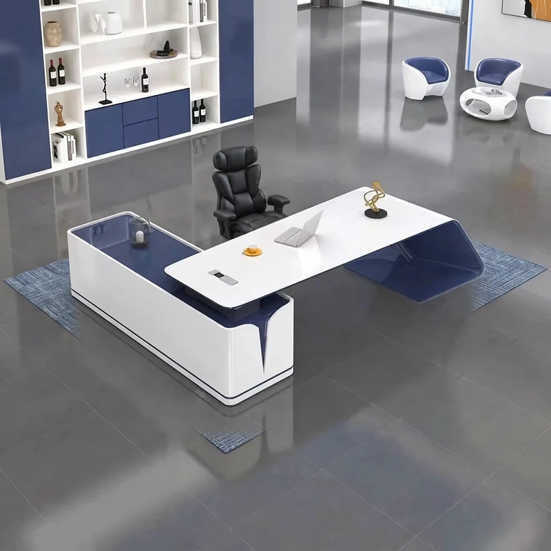 Euclid manager desk in white gloss, right return, in a navy showroom