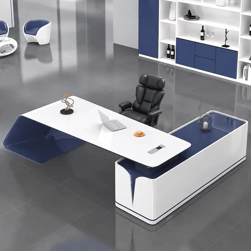 Euclid desk in white gloss, left return, blue cabinet wall behind