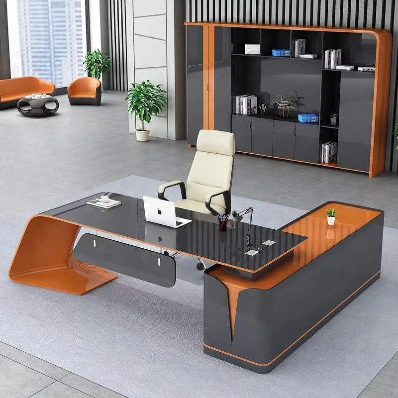 Euler desk, left return, with orange chair and media wall