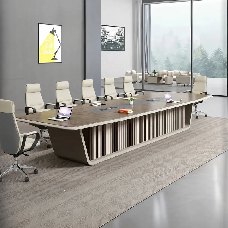 Evren briefing table in walnut with six white chairs, a laptop and notebooks on a woven rug