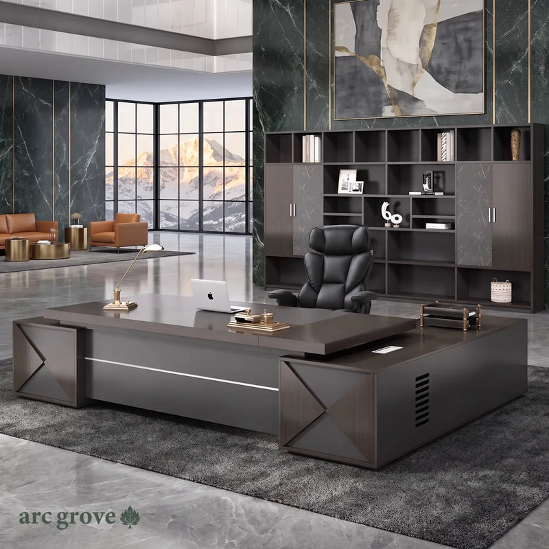 Exeter desk in gray oak, left return, in a green marble office with mountain views