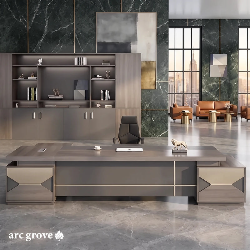 Eyer gray executive desk seen straight on, with both pedestals