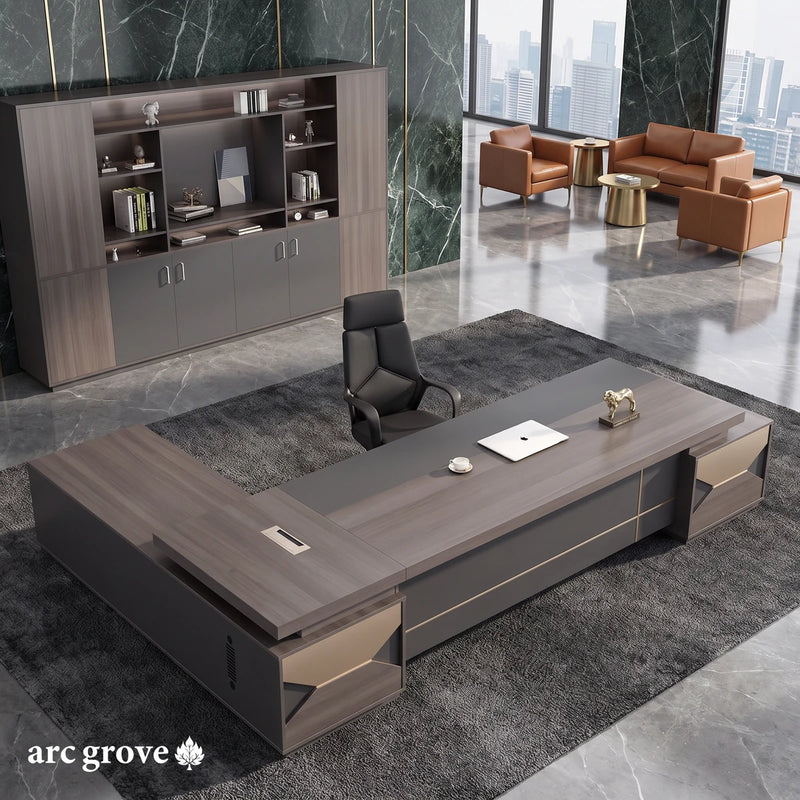 Eyer gray L-shaped desk seen from above on a charcoal rug