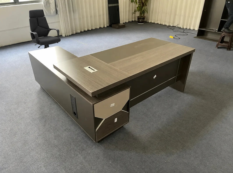 Eyer desk in gray with drawer pedestals, studio angle