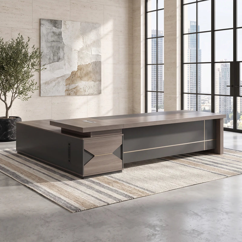 Eyer desk in a sunlit office with a city view