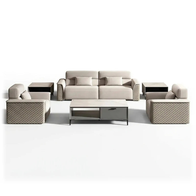 Falun modern office lounge conversation set in beige and gray leather: 3-seater sofa, two arm chairs and side tables