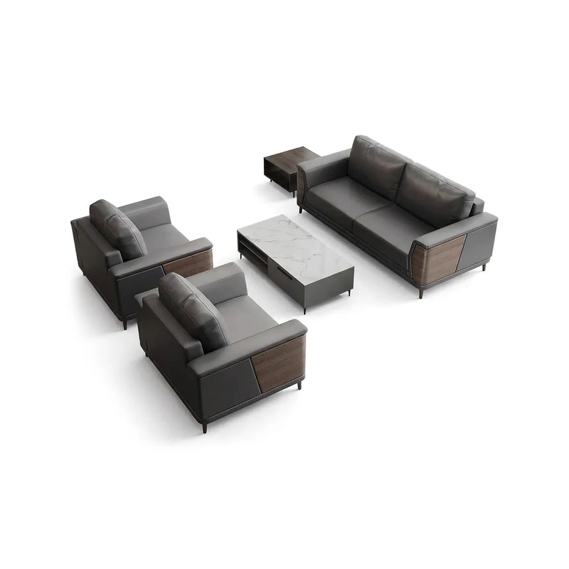 Kallax modern office lounge conversation set in gray leather with walnut side panels: 3-seater sofa and two arm chairs