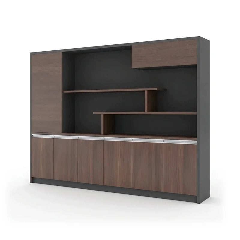 Dervan 7′10″ (94-inch) office wall unit in dark oak, staggered open shelves over four-door base cabinets, front view
