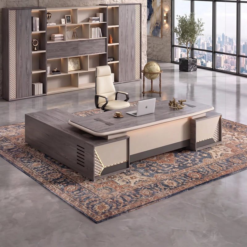 Fairwyn desk in a sunlit stone tower office with a city view