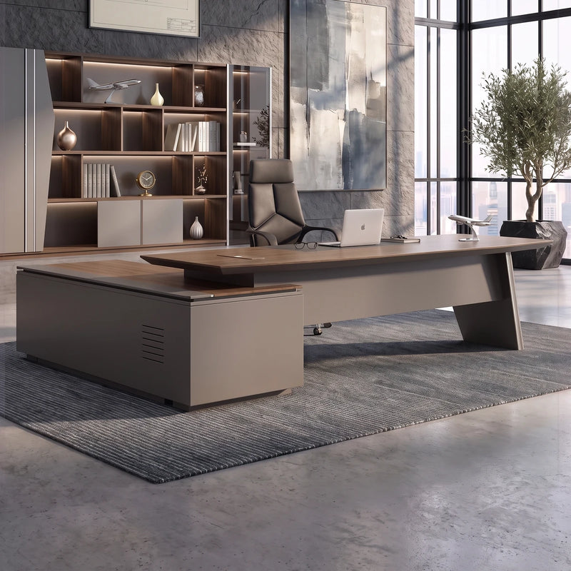 Finley CEO desk, right return, against a charcoal shelf wall