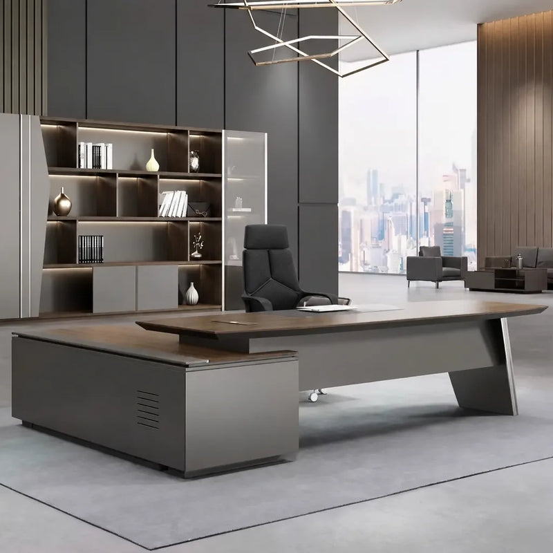 Finley CEO desk, right return, against a charcoal shelf wall