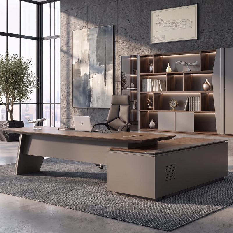 Finley desk in walnut, left return, bookcase wall behind